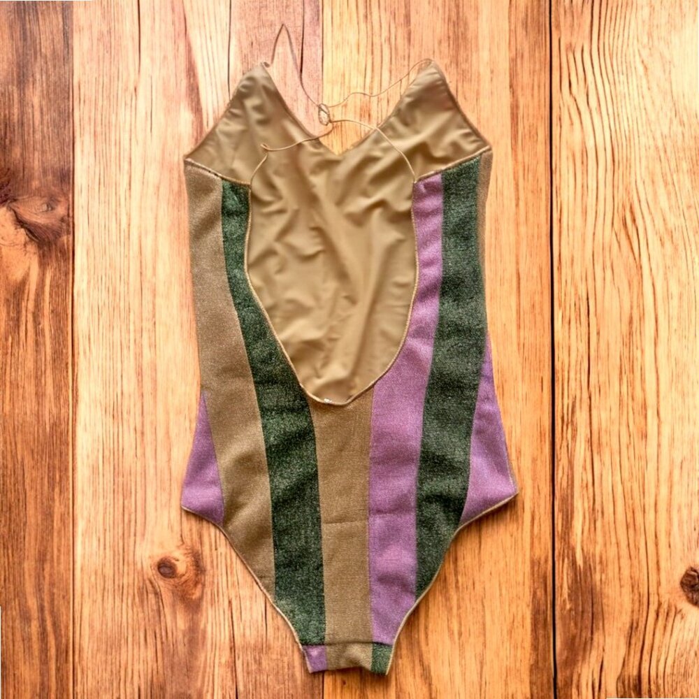 Oseree Gold, Green, and Pink Striped One-Piece Swimsuit - Picture 3 of 4